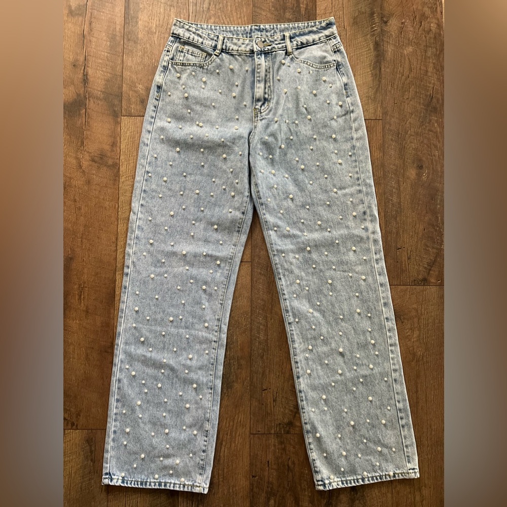 Women's Blue Wide Leg Jeans with White Embroidery